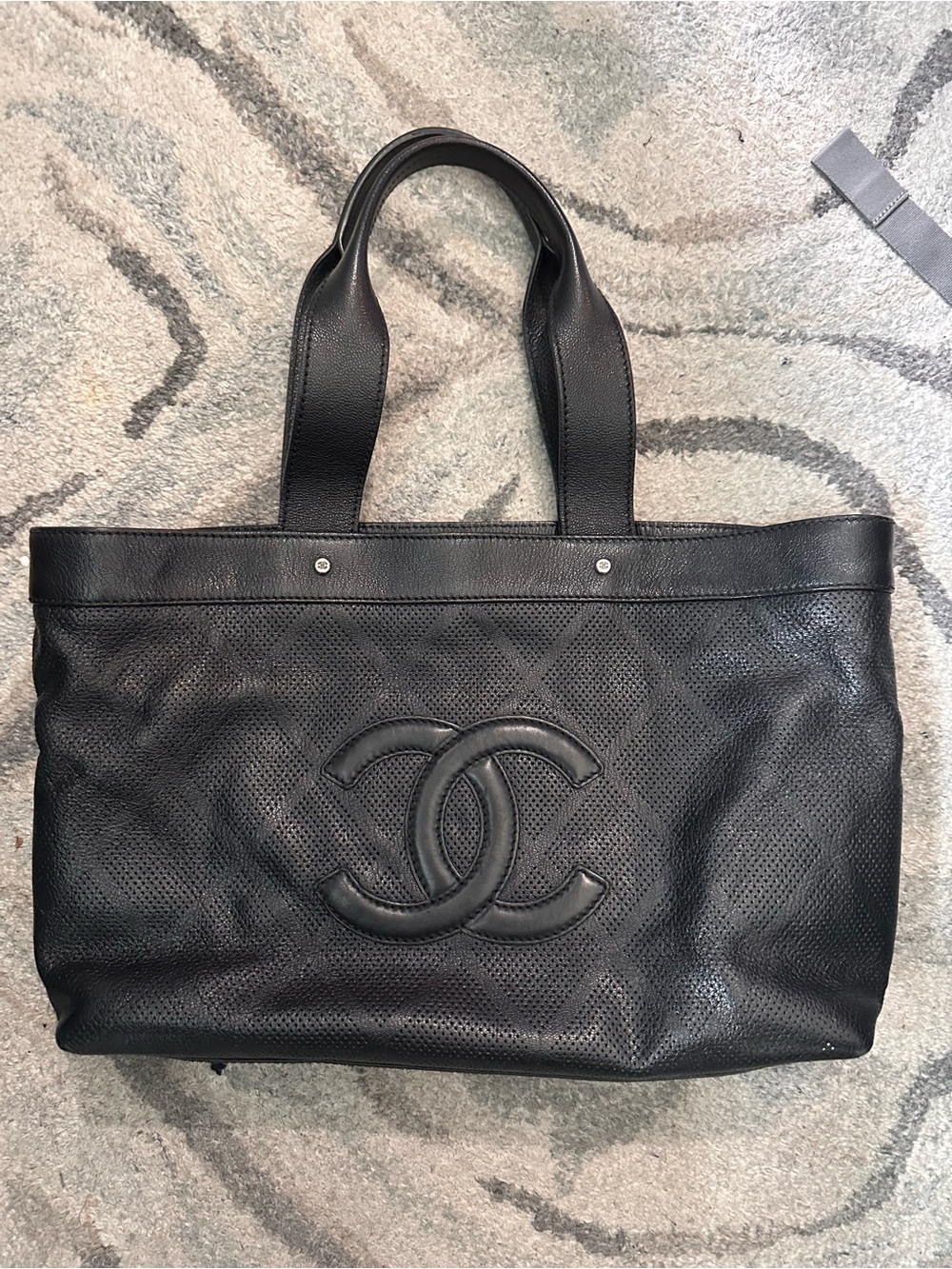 Chanel Black Perforated CC Logo Tote Bag Leather Shopper Shoulder Bag